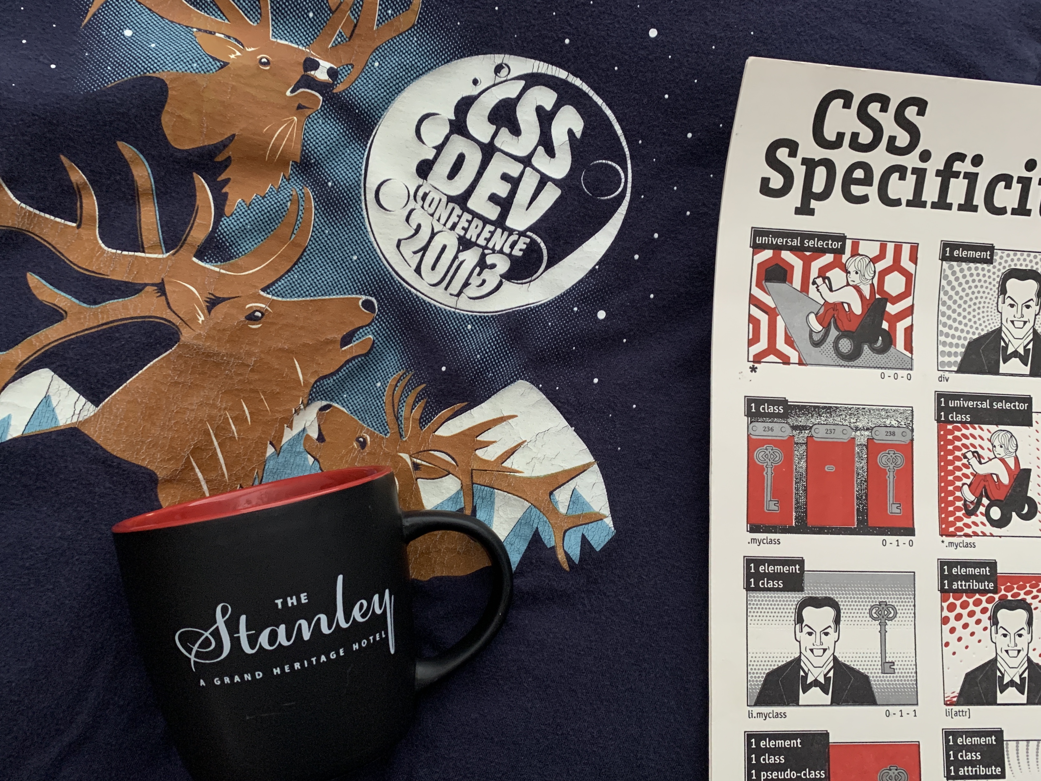 Coffee Cup (Stanley Hotel), T-Shirt (Three Elk Howling at the Moon), and Poster (The Shining + CSS Specificity) from CSSDevConf 2013